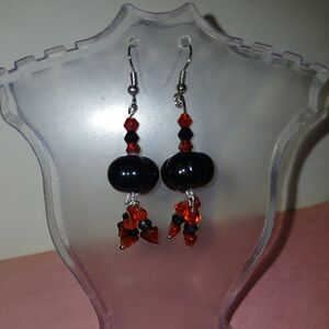 Hand Crafted Black and Red Beaded Dangle Earrings